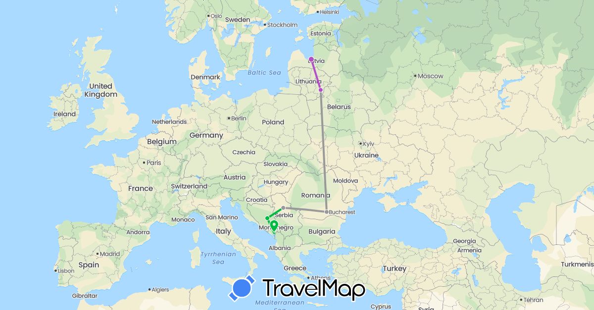 TravelMap itinerary: driving, bus, plane, train in Bosnia and Herzegovina, Lithuania, Latvia, Montenegro, Romania, Serbia (Europe)
